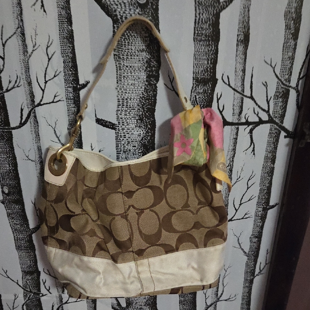 Coach Tan and Cream Shoulder Bag with Scarf Included!